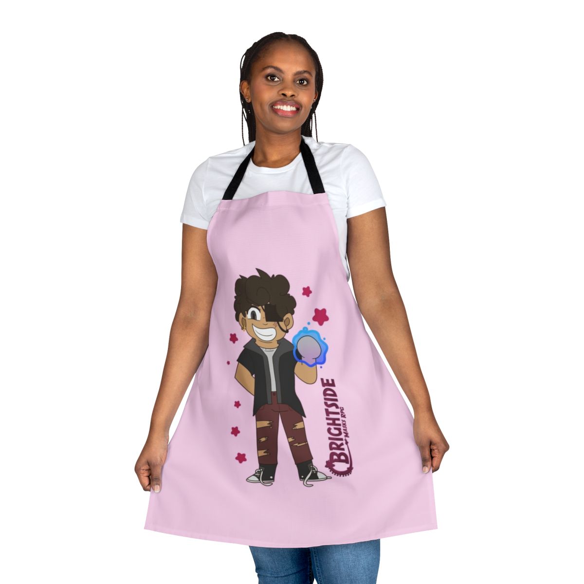 Adorable chibi-style apron featuring superhero and villain designs
