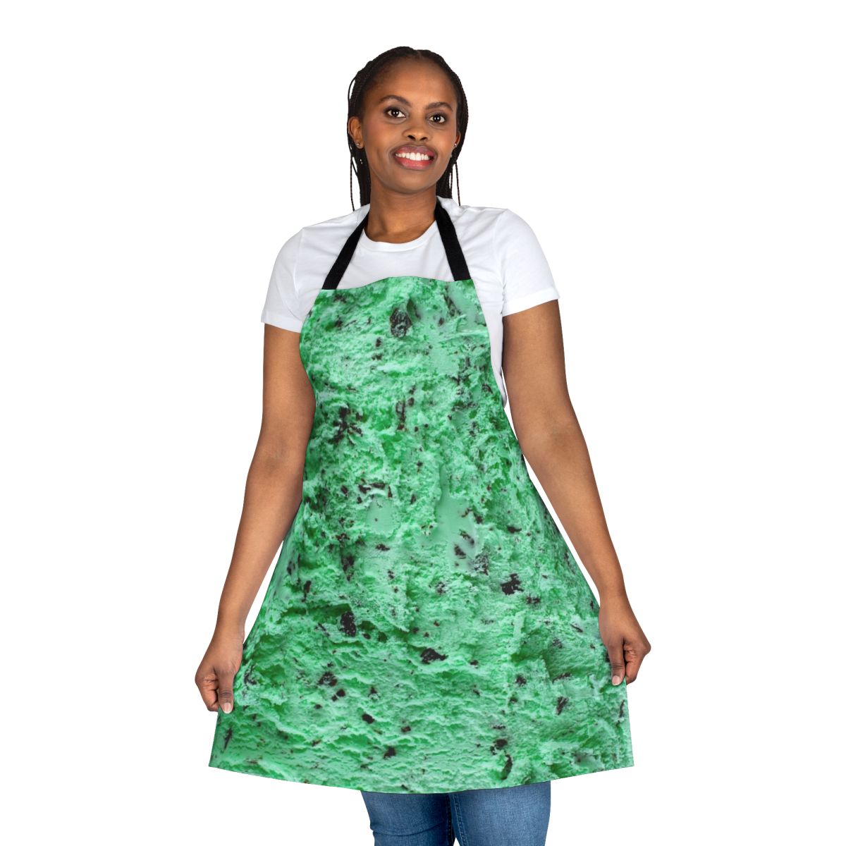 A green apron featuring a mint chocolate chip ice cream design, perfect for chocoholics and ice cream enthusiasts.