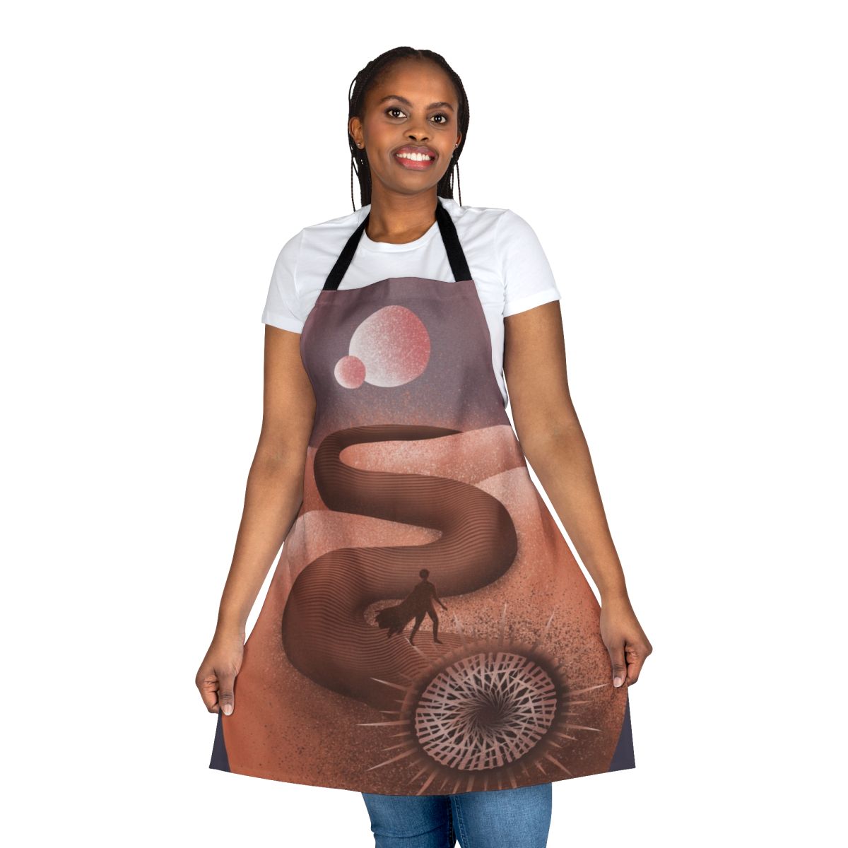 A high-quality apron featuring a desert-inspired design with a sand worm and Arrakis landscape, inspired by the Dune movie.