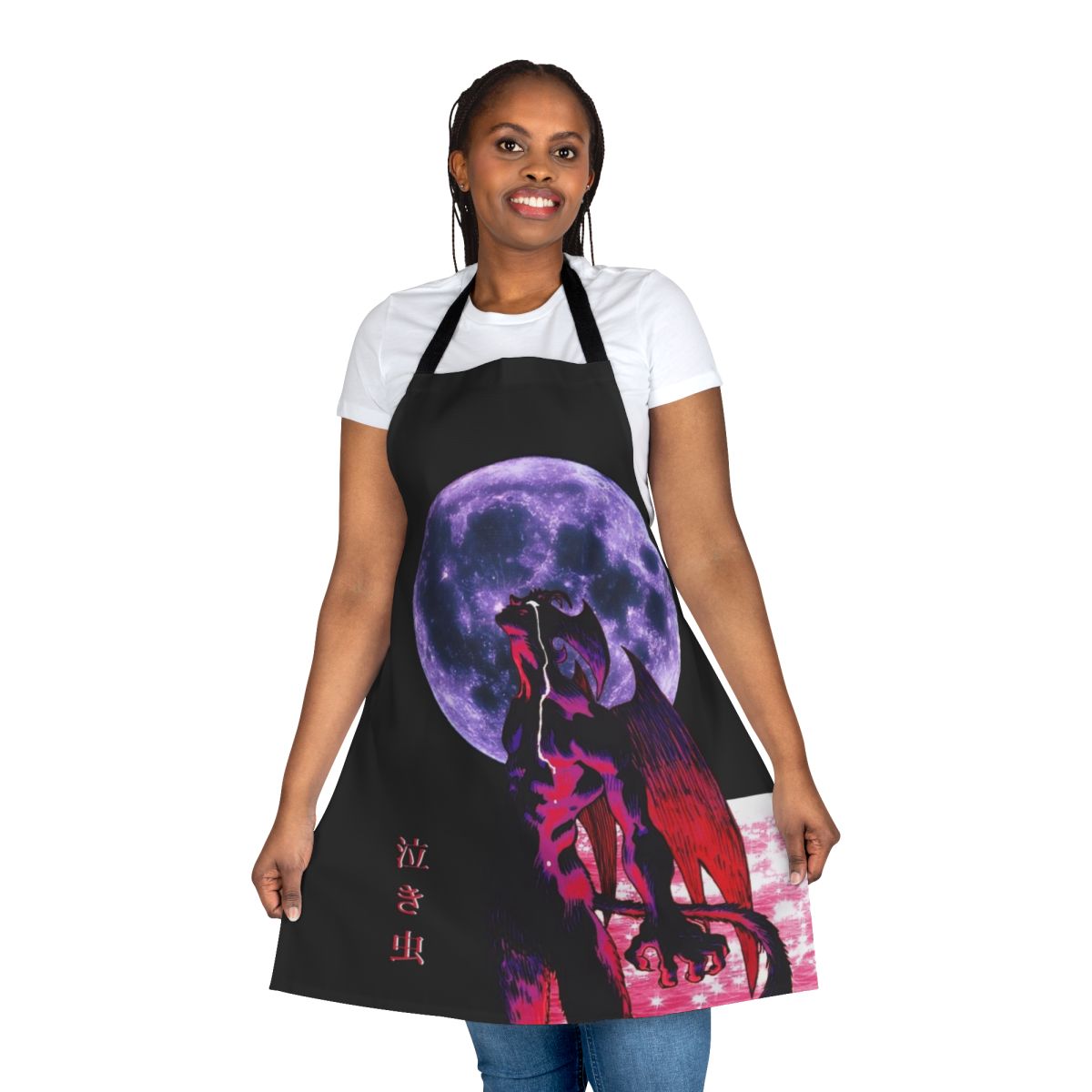 Devilman Crybaby-inspired apron with Akira Fudo design, glitter, and 90s aesthetic elements