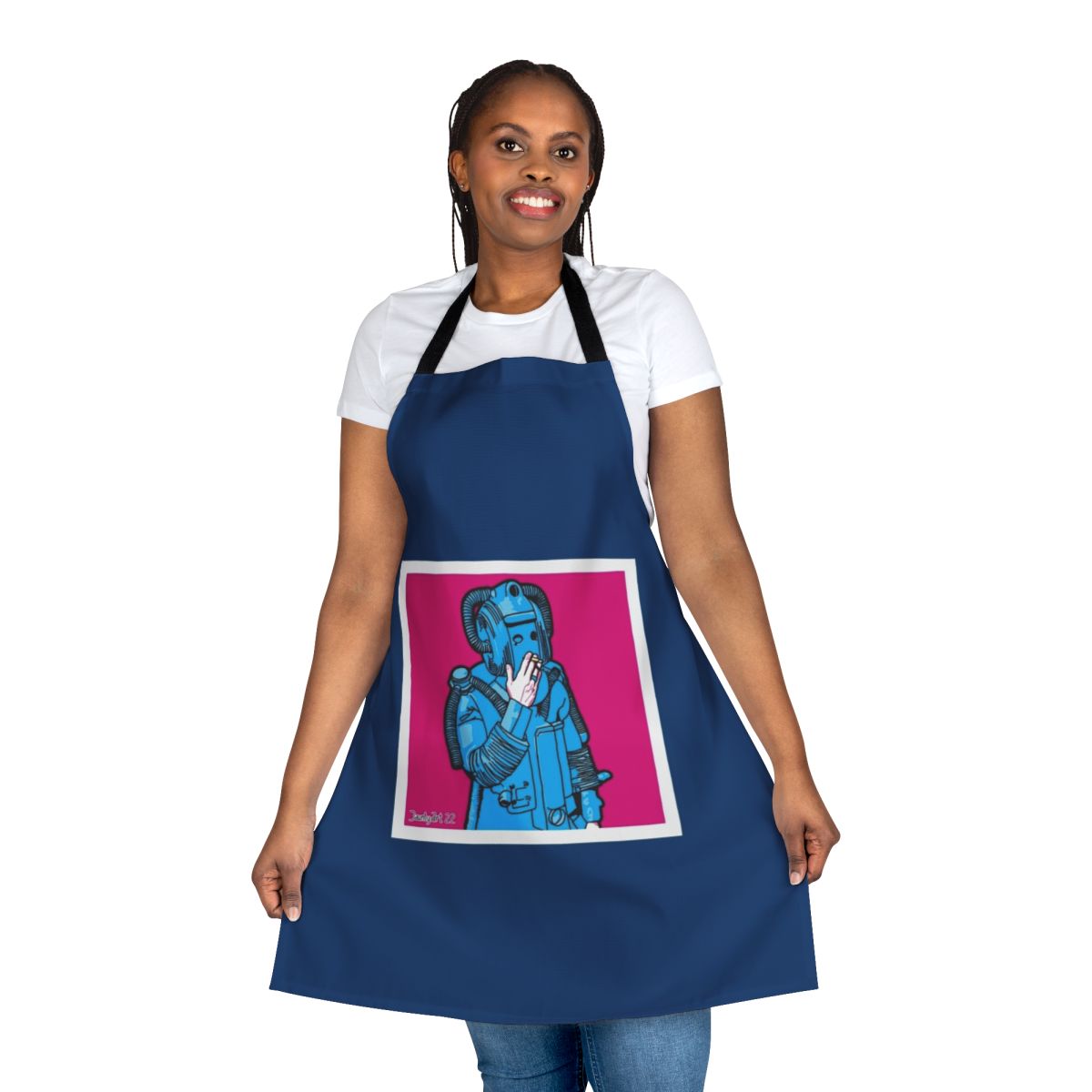Cyberman figure smoking while wearing an apron