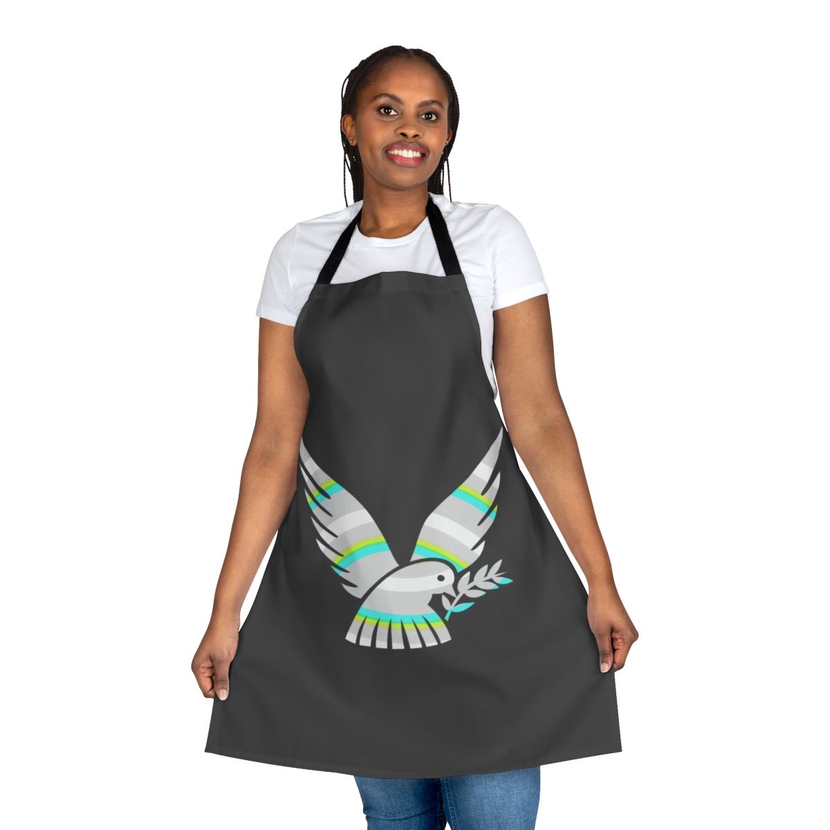Dove-themed apron featuring a colorful, abstract design of legendary animals