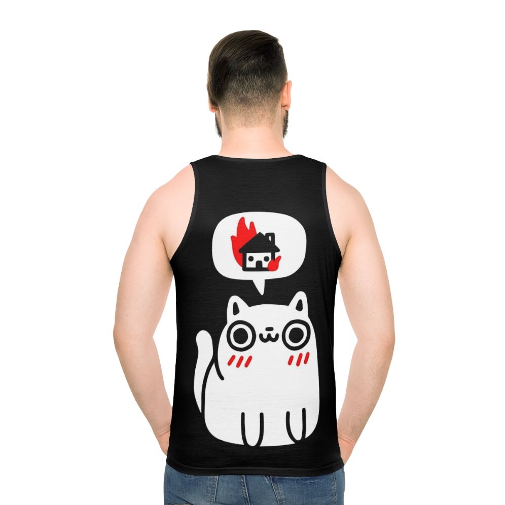 Unisex tank top with evil cat graphics destroying things