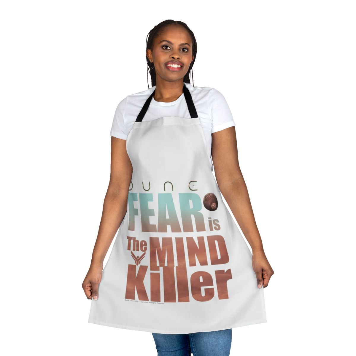 Dune-inspired Fear Is the Mind Killer apron with desert planet, House Atreides, and typography art
