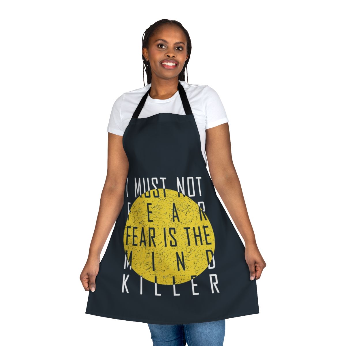 White apron featuring the Litany Against Fear from the Dune science fiction series