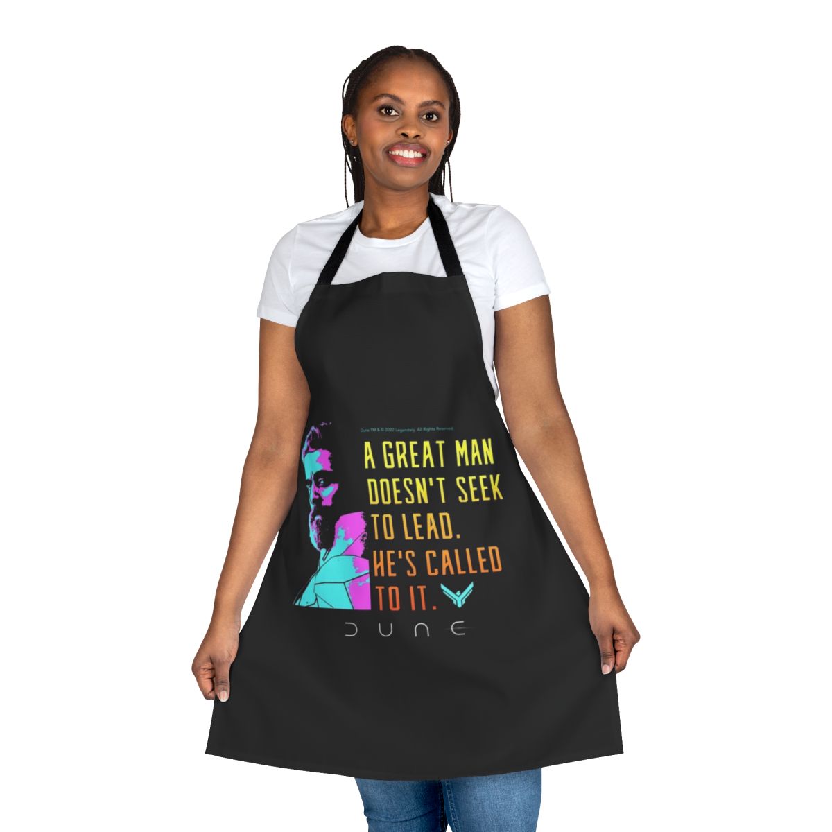 Dune movie-inspired cooking apron featuring a quote from the character Leto Atreides I.