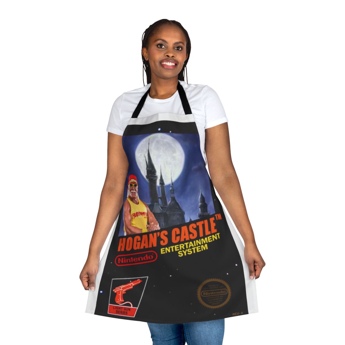 Dunkey gaming-themed apron with Hogan's Castle graphic