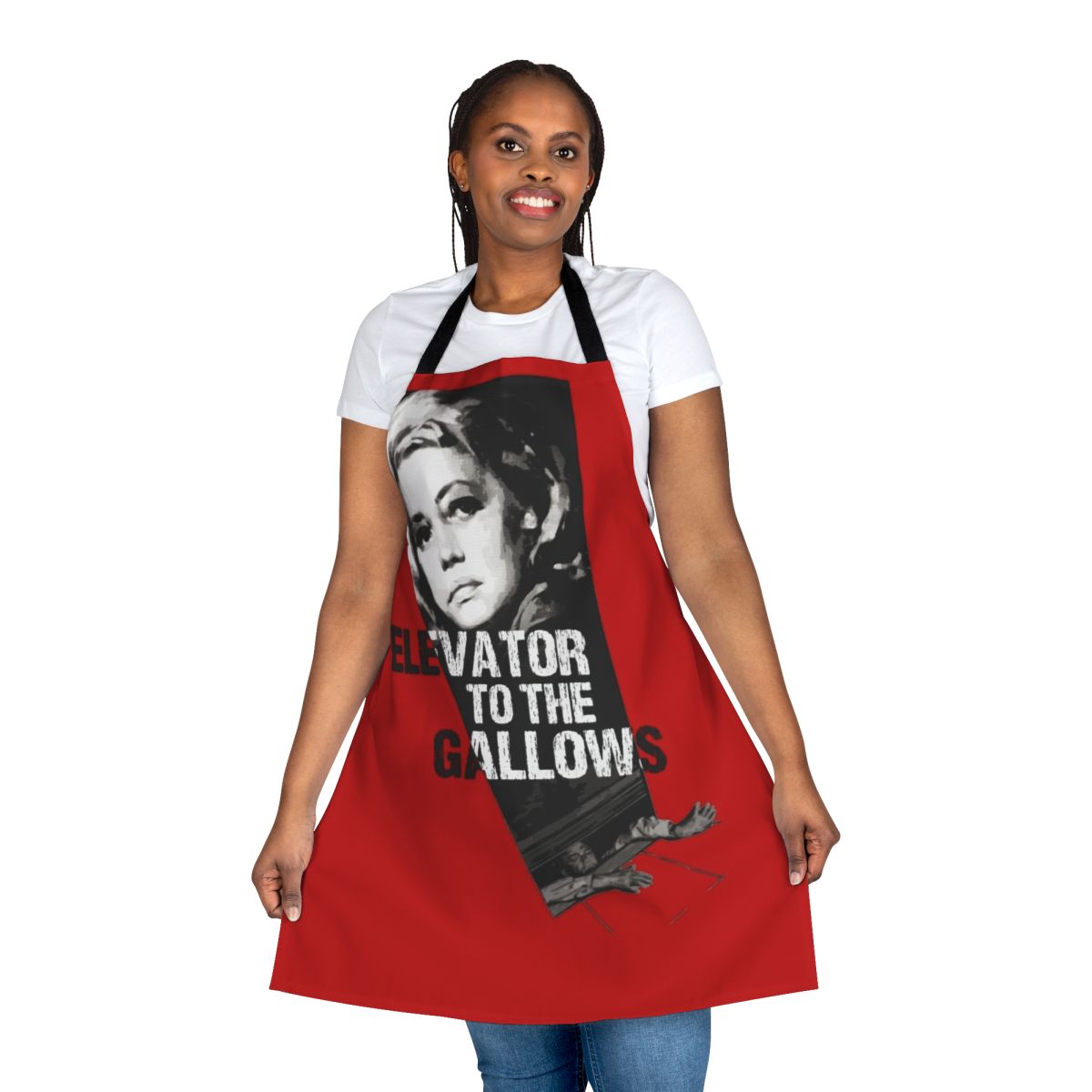 Stylish apron featuring imagery and themes from the iconic French film "Elevator to the Gallows"