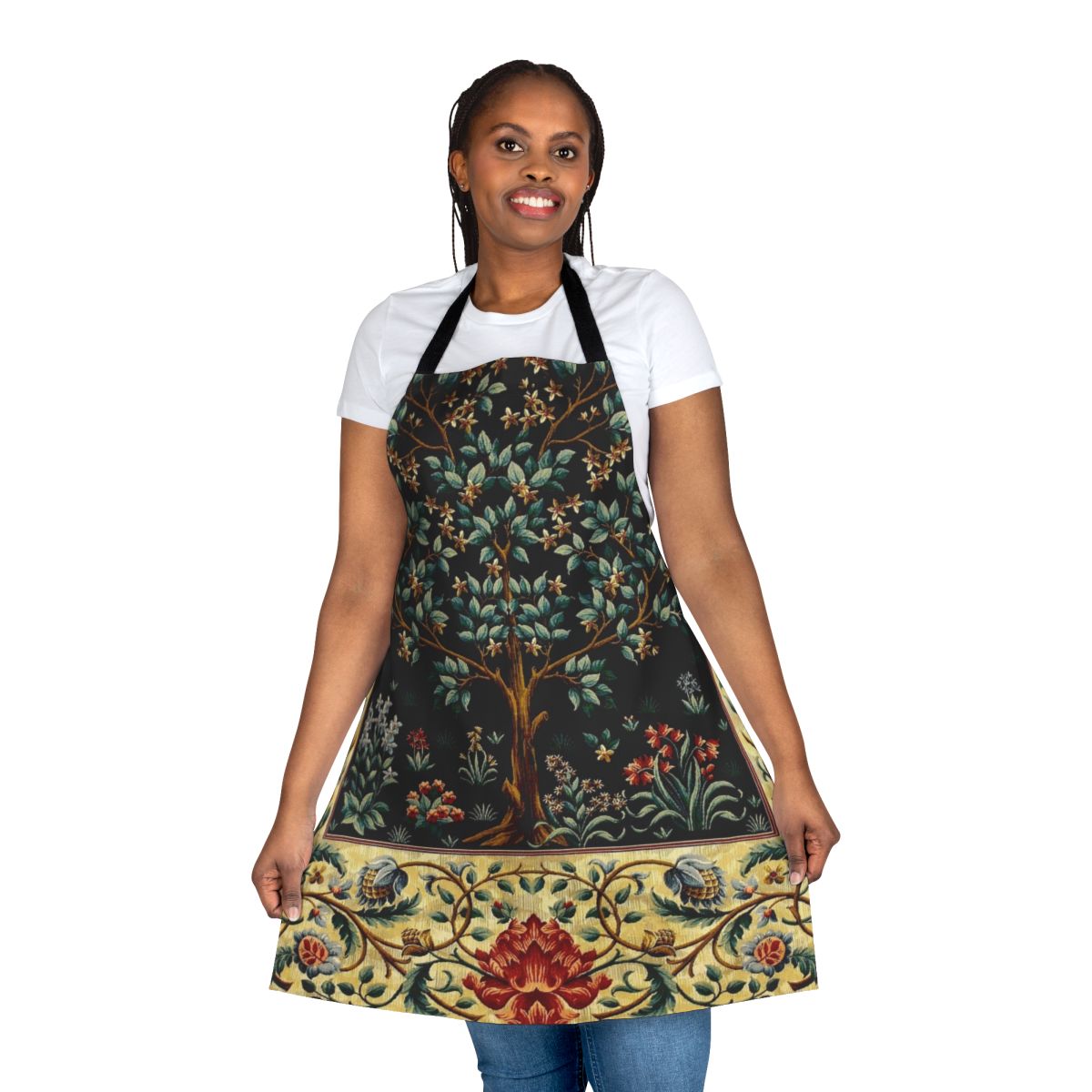 Elegant black floral tapestry apron with mythical greenery design