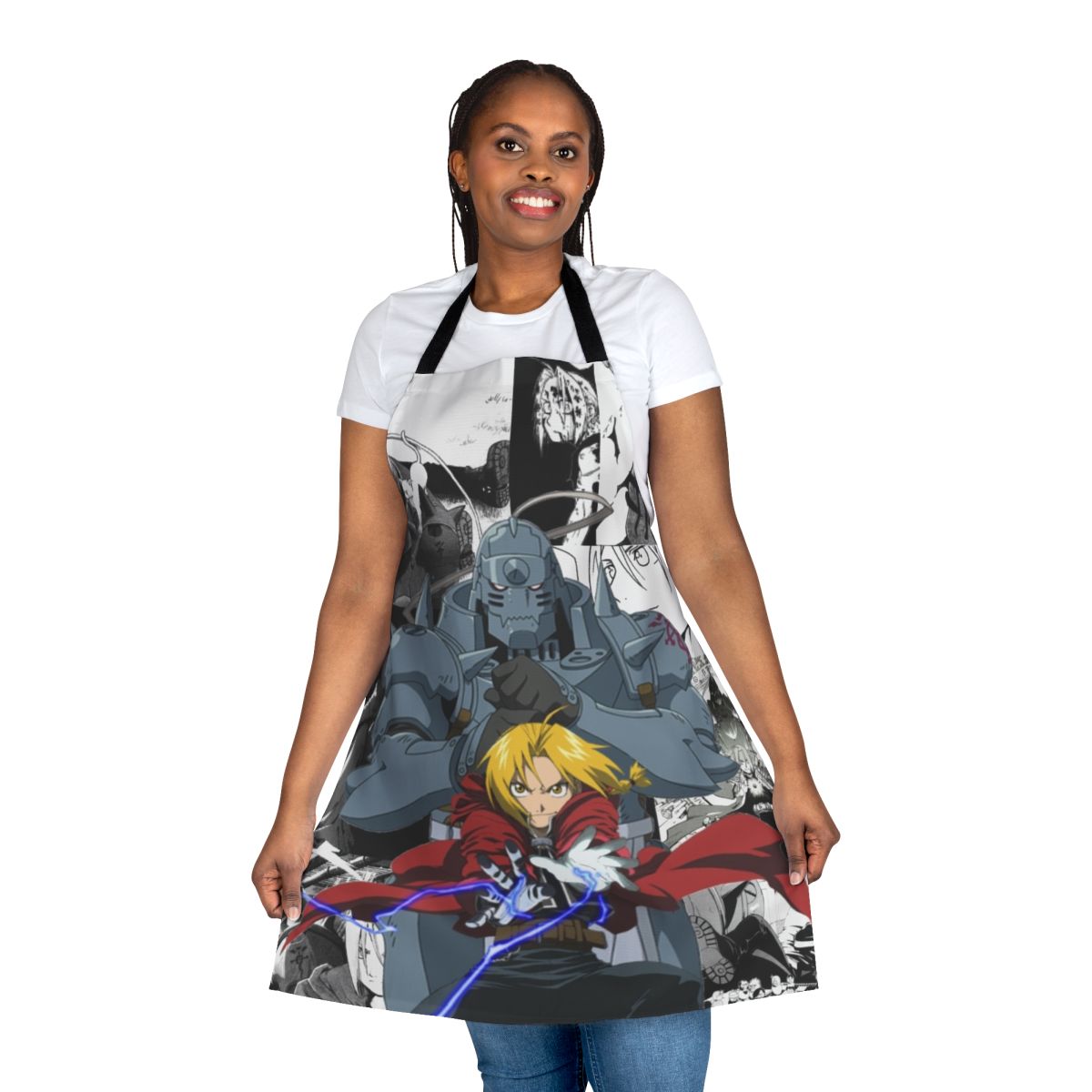 Anime-themed apron featuring characters from the popular manga series "Fullmetal Alchemist"