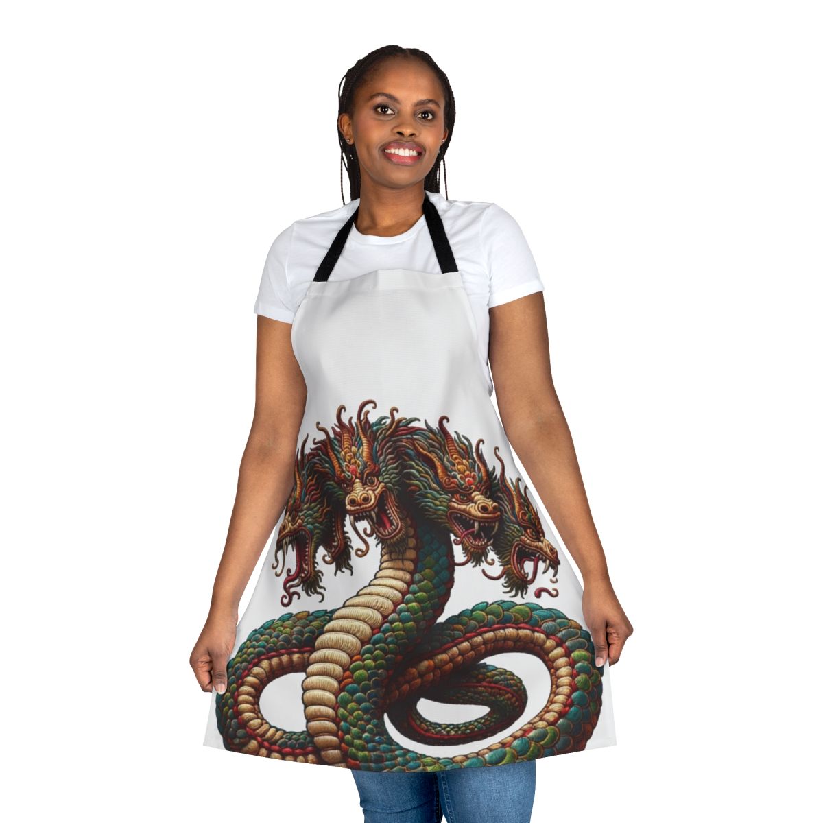 Detailed embroidered hydra design on a high-quality apron