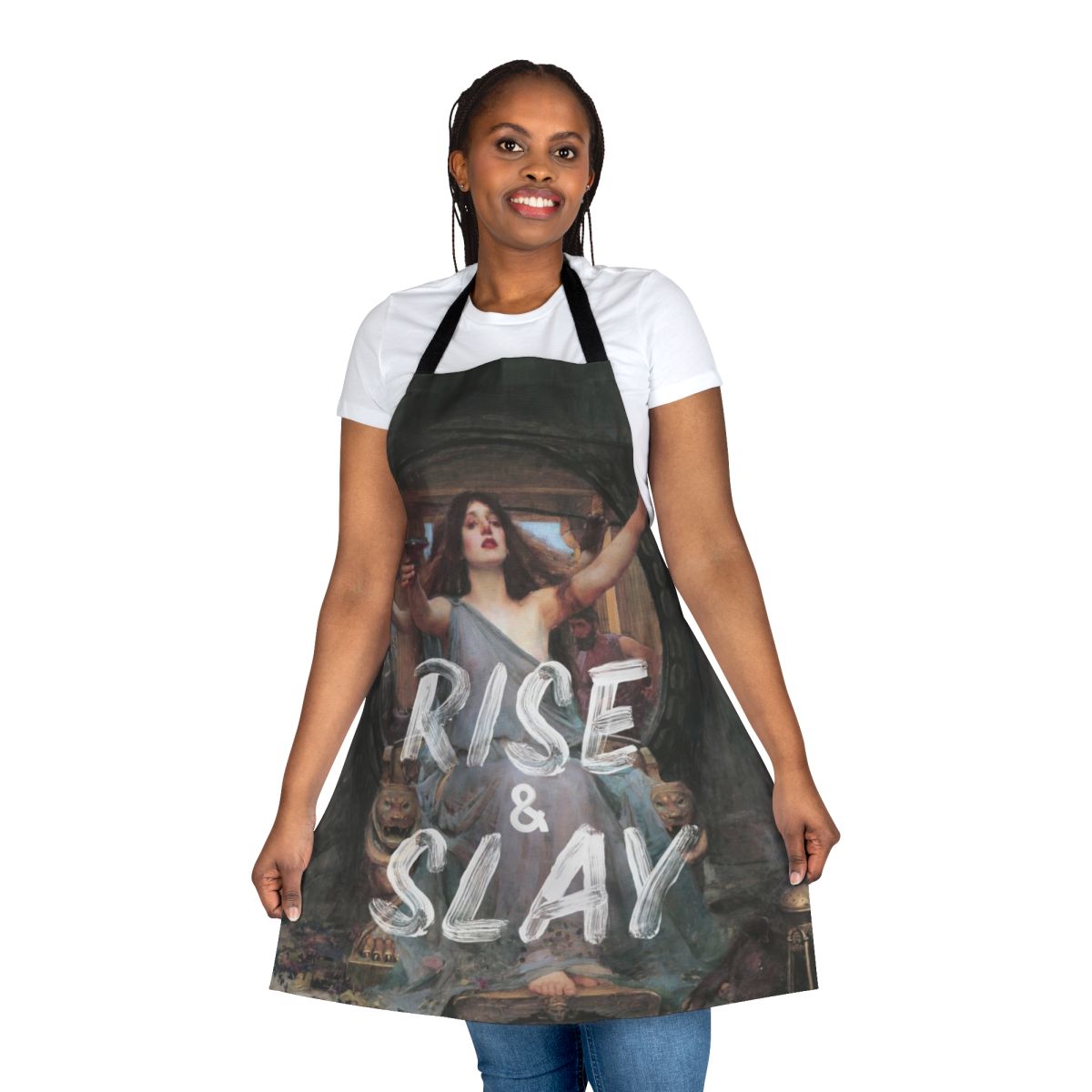 A stylish and empowering "Rise and Slay" graphic apron for the modern, sarcastic woman