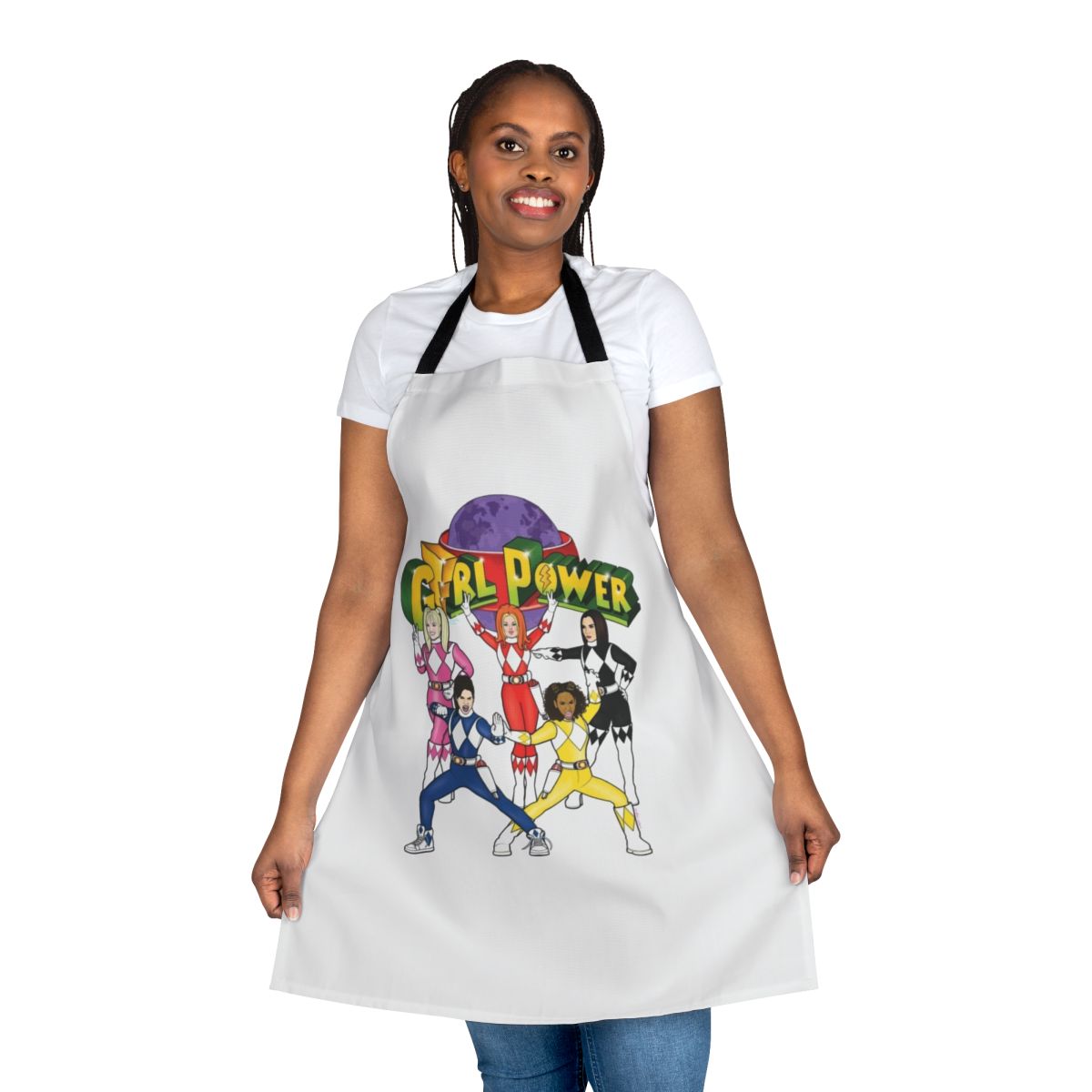 Colorful apron featuring girl ranger and LGBTQ+ pride design