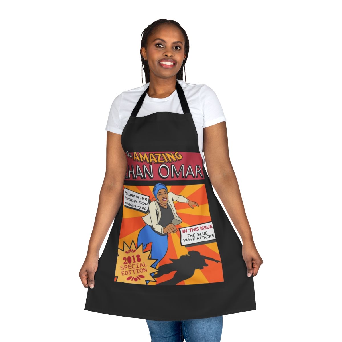 Ilhan Omar inspired apron featuring a cartoon-style illustration of the Congresswoman