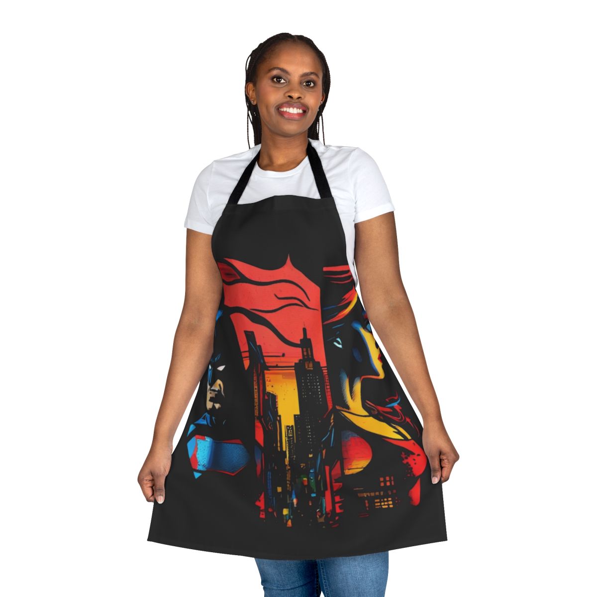 Stylish apron featuring a bold superhero design, perfect for embracing your inner hero in the kitchen.