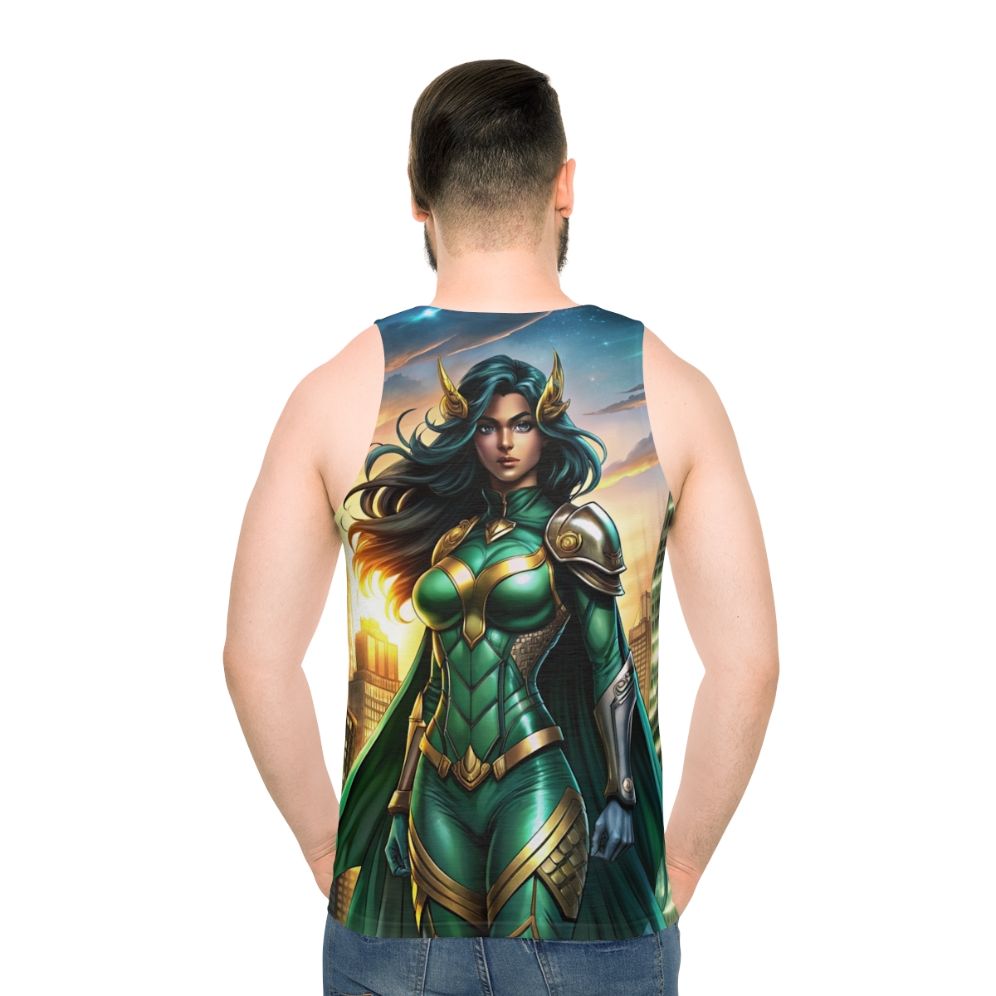 Empowering superhero woman tank top with urban skyline graphic