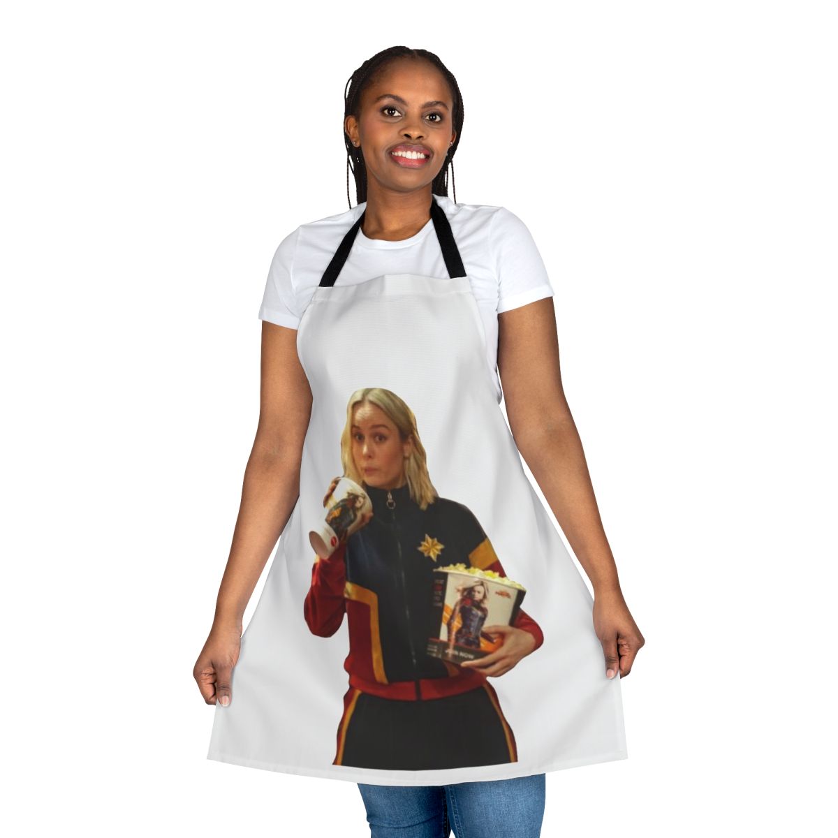 A vibrant apron featuring the iconic Captain Marvel logo and colors, designed to empower women in the kitchen and beyond.