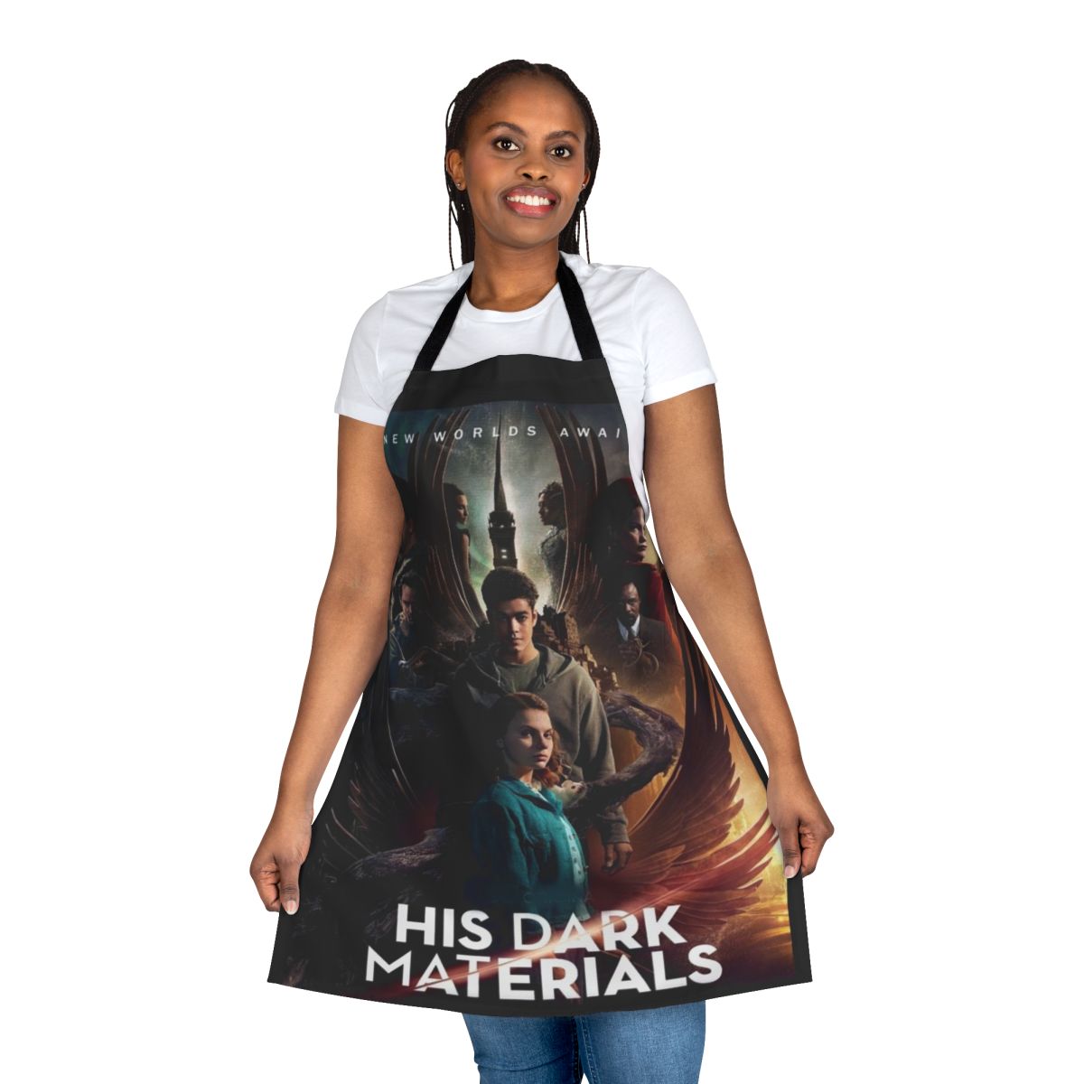 Stylish fantasy-themed apron featuring characters and elements from the "His Dark Materials" series