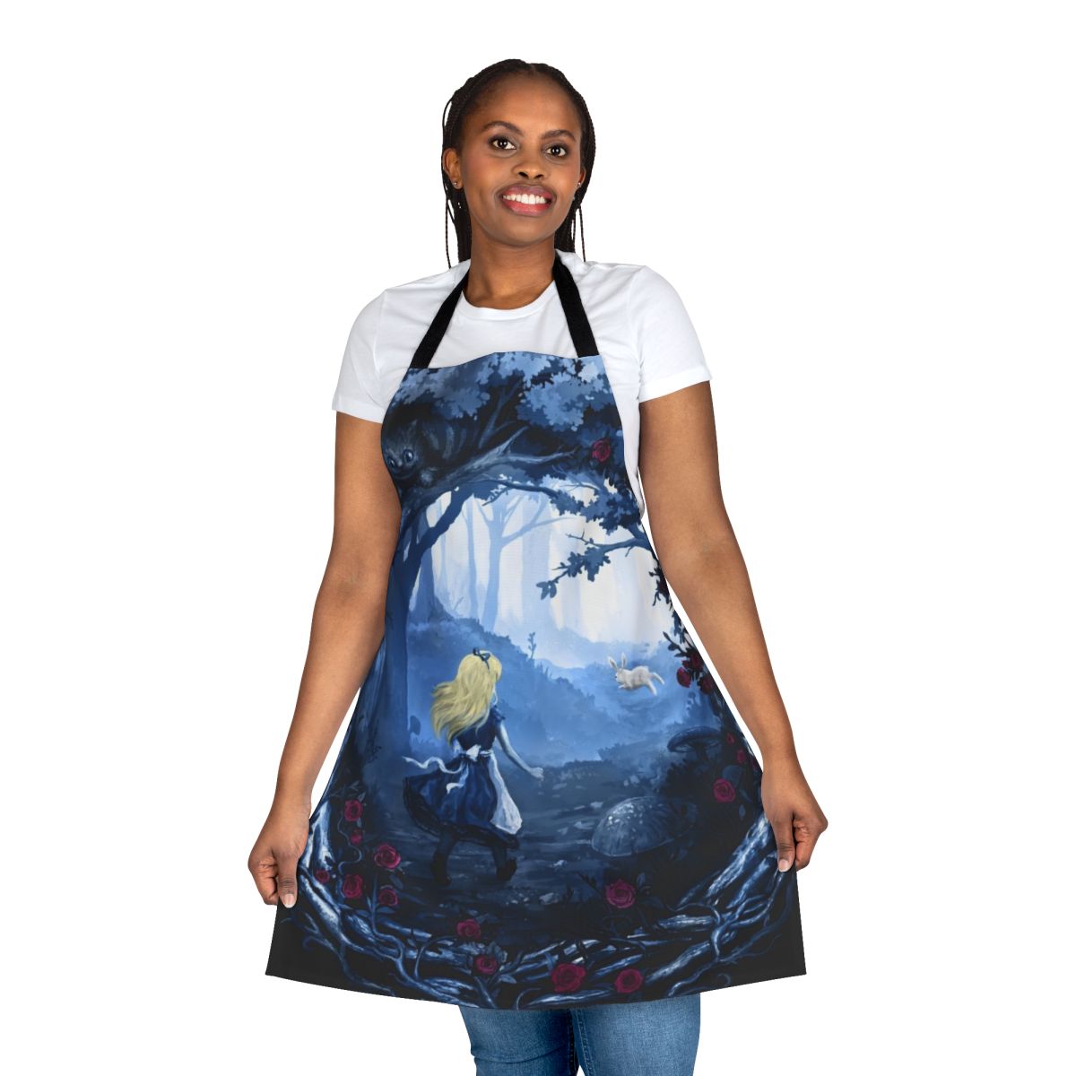 Whimsical apron featuring an Alice in Wonderland inspired design with rabbits, flowers, and enchanted forest elements.