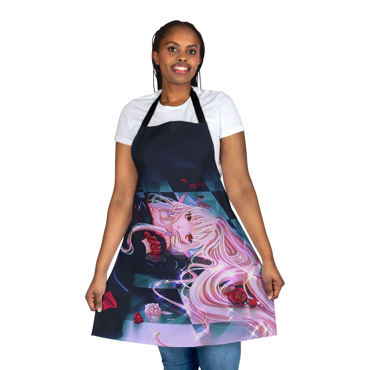 Chobits-inspired cat girl apron with rose and sparkle design