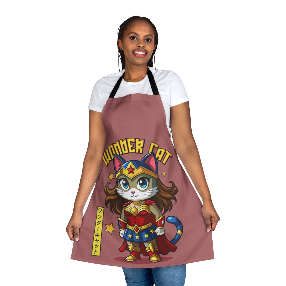 Whimsical cat-themed superhero apron with vibrant colors and playful design