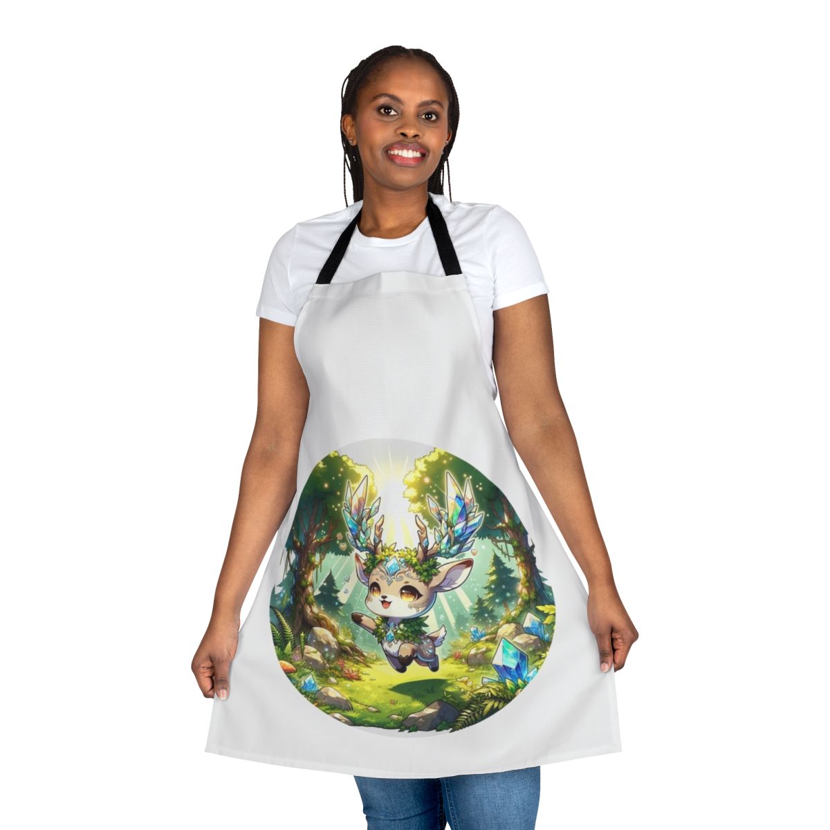 Apron featuring a fantastical deer in a crystal forest design