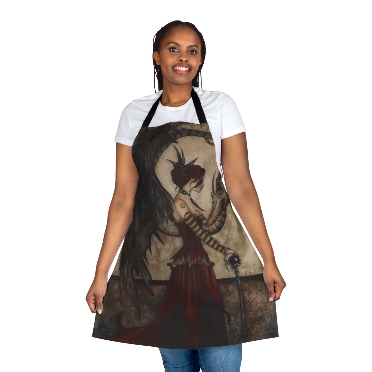 Apron featuring a dark, mystical dragon design by artist Amy Brown