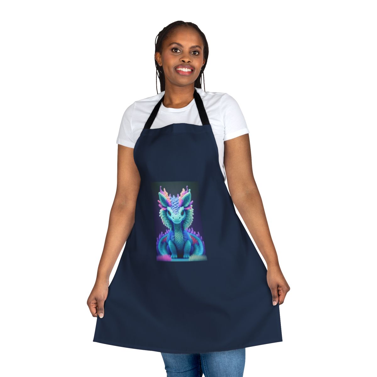 Whimsical apron featuring a detailed, vibrant depiction of a legendary mythical creature in a forest setting.
