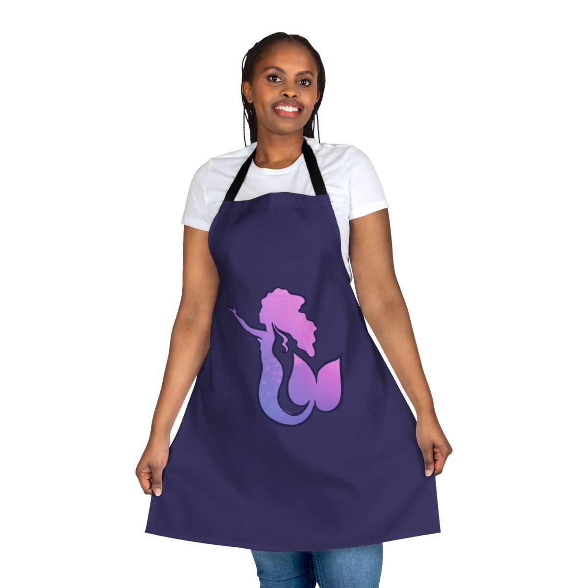 A pink and purple mermaid-themed apron with a whimsical design, perfect for the kitchen.