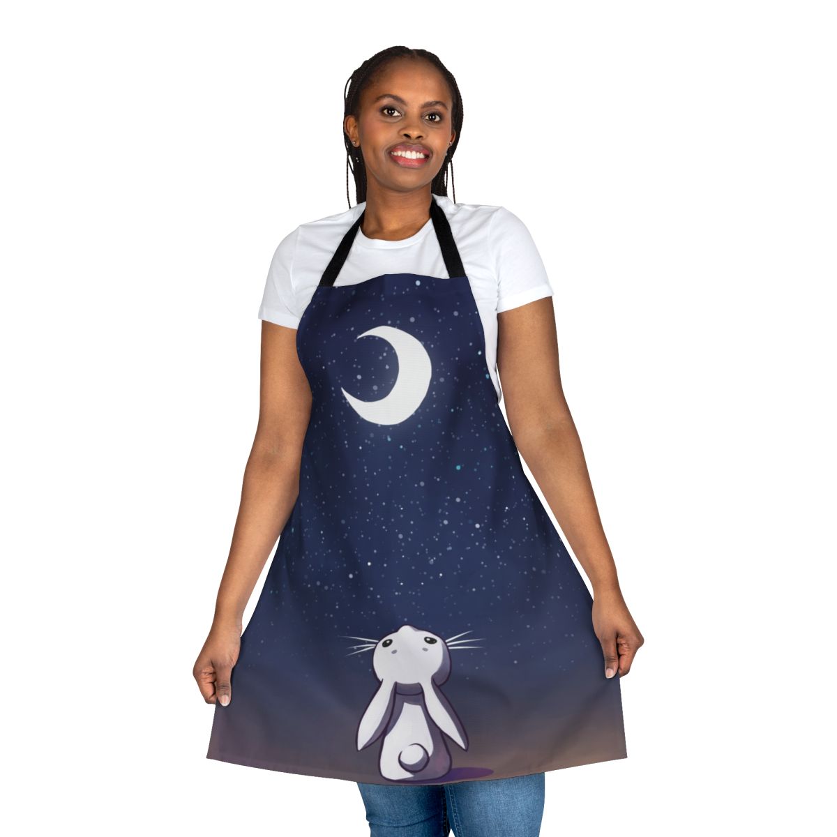 Whimsical apron featuring a moon bunny design, perfect for children and fantasy enthusiasts.