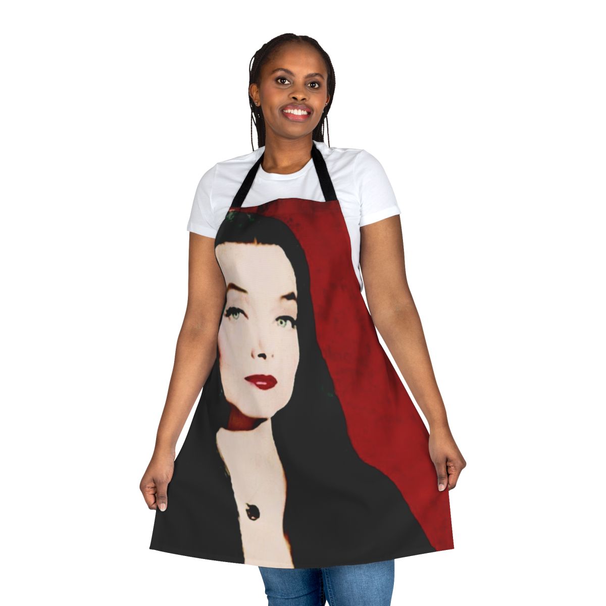 A stylish and whimsical kitchen apron featuring the iconic portrait of Morticia Addams from the Addams Family.