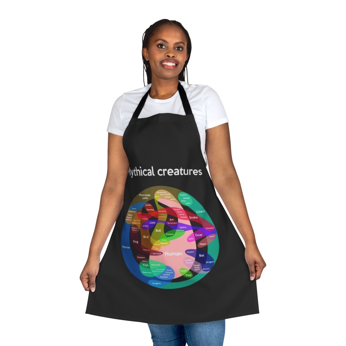 Apron featuring a detailed chart of epic mythical creatures like unicorns and griffins