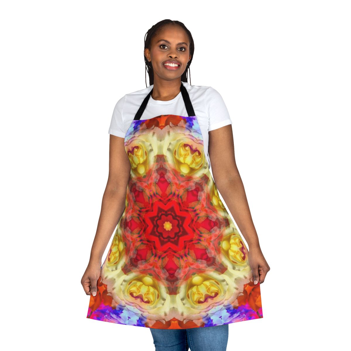 Rose-patterned apron featuring sacred symbols and spiritual motifs