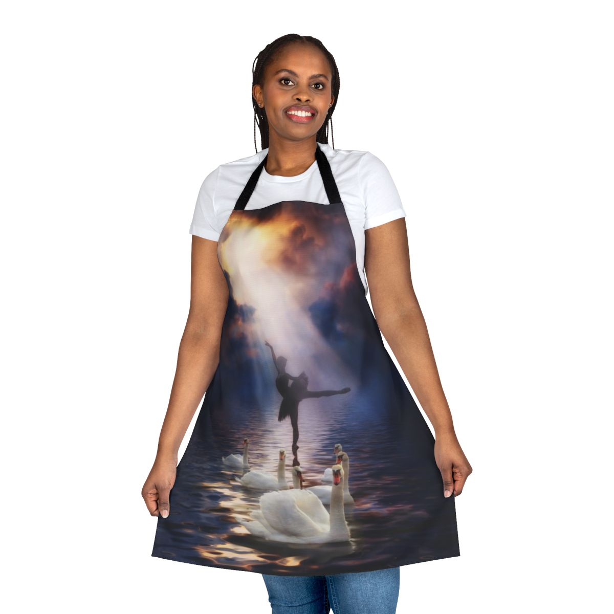 Elegant apron featuring a swan lake scene with a ballerina dancer against a dramatic sky