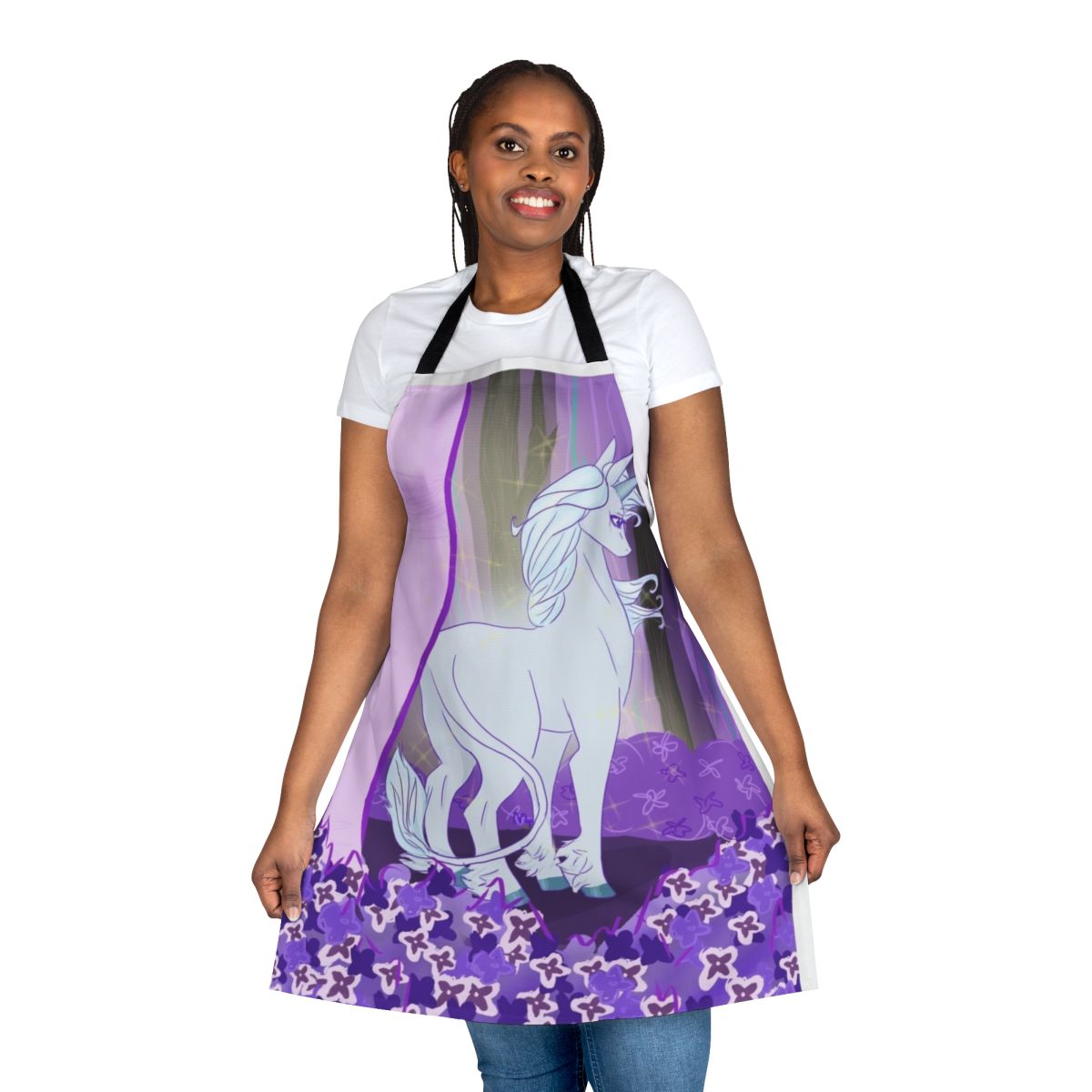Whimsical apron featuring a unicorn in a lilac and purple forest setting