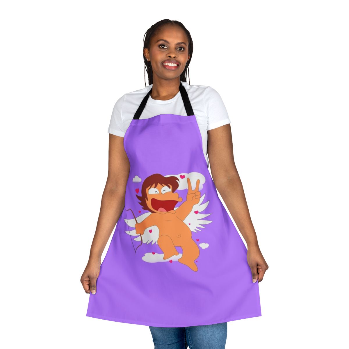 Eros-inspired anime-style apron with clouds, wings, and a smiling heart design