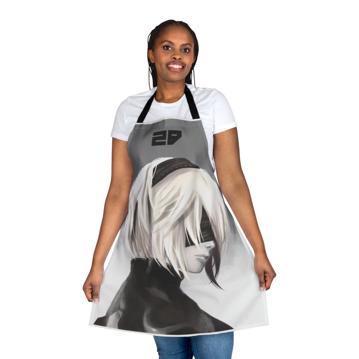 "Illustration of 2B from Nier Automata wearing a unicorn-themed apron"