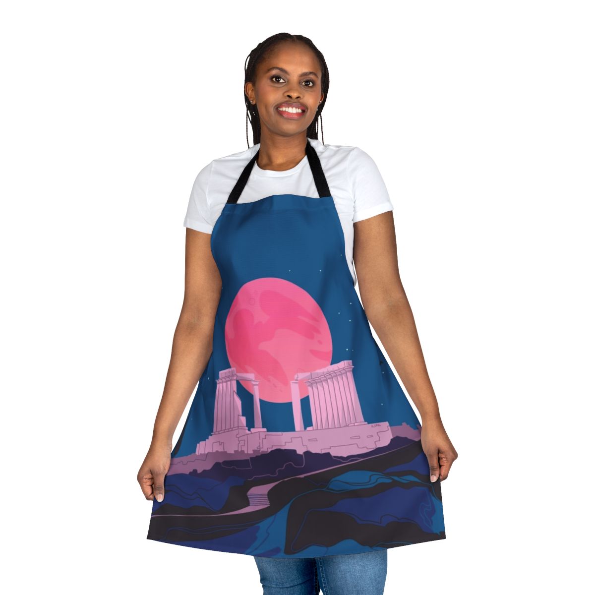 Apron featuring a digital illustration of the ancient Temple of Poseidon at Sounio, Greece, in a serene blue and white vaporwave aesthetic.