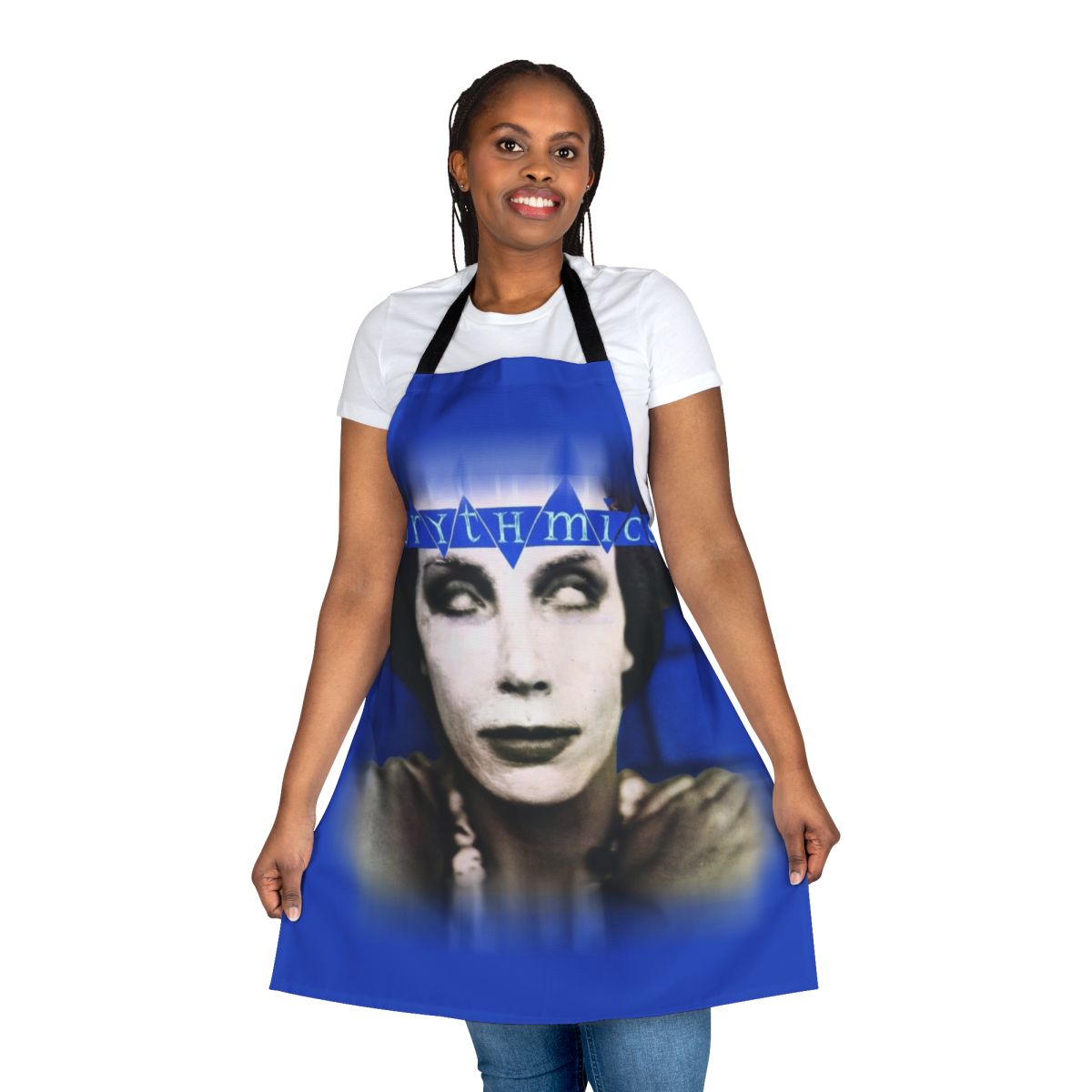 Eurythmics-inspired Never Gonna Cry Again design printed on a high-quality cooking apron