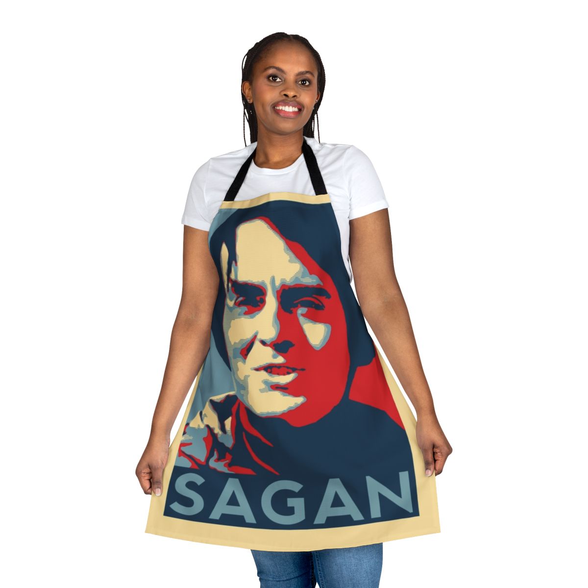 Stylish apron featuring an image of the cosmos and the text "Carl Sagan"