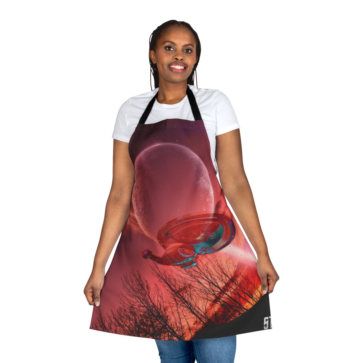 A white apron featuring the spaceship from the sci-fi TV series Star Trek: Voyager