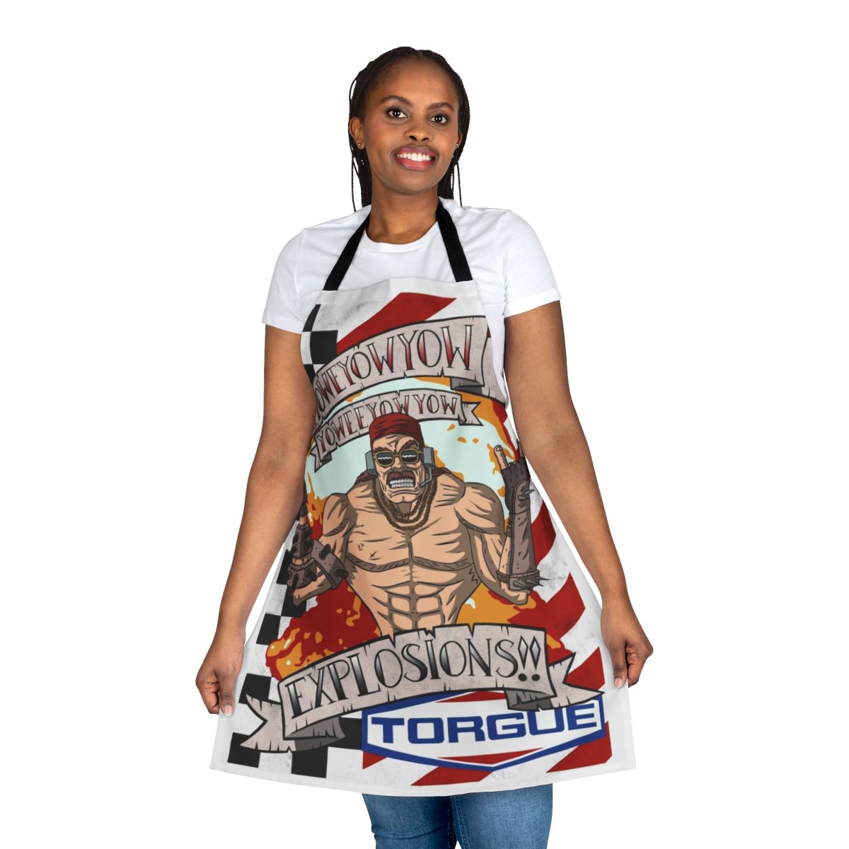 Explosion-themed apron with Borderlands characters and motifs