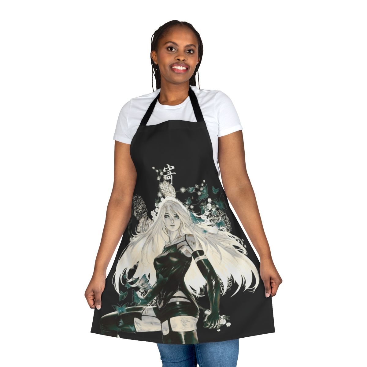 A fantasy-inspired apron featuring dark, anime-style butterflies and floral patterns.
