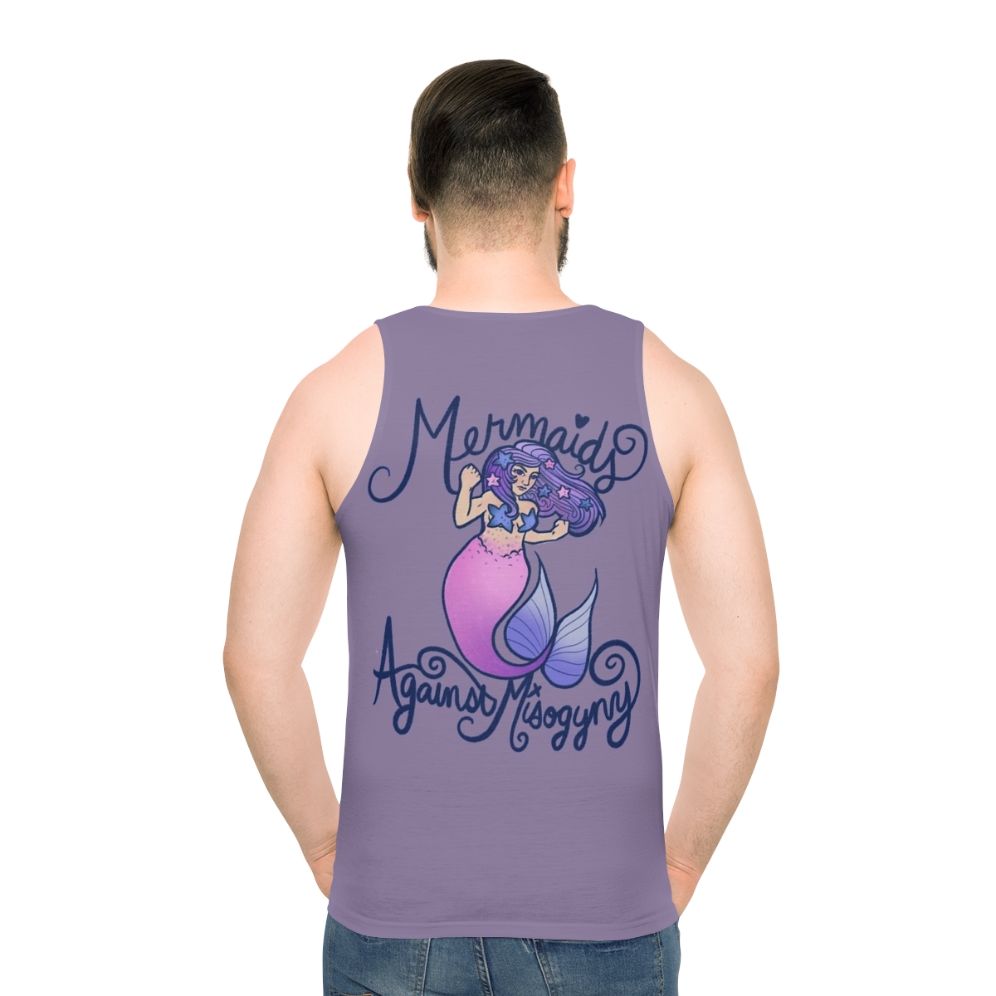 Feminist mermaid unisex tank top with "Mermaids Against Misogyny" design