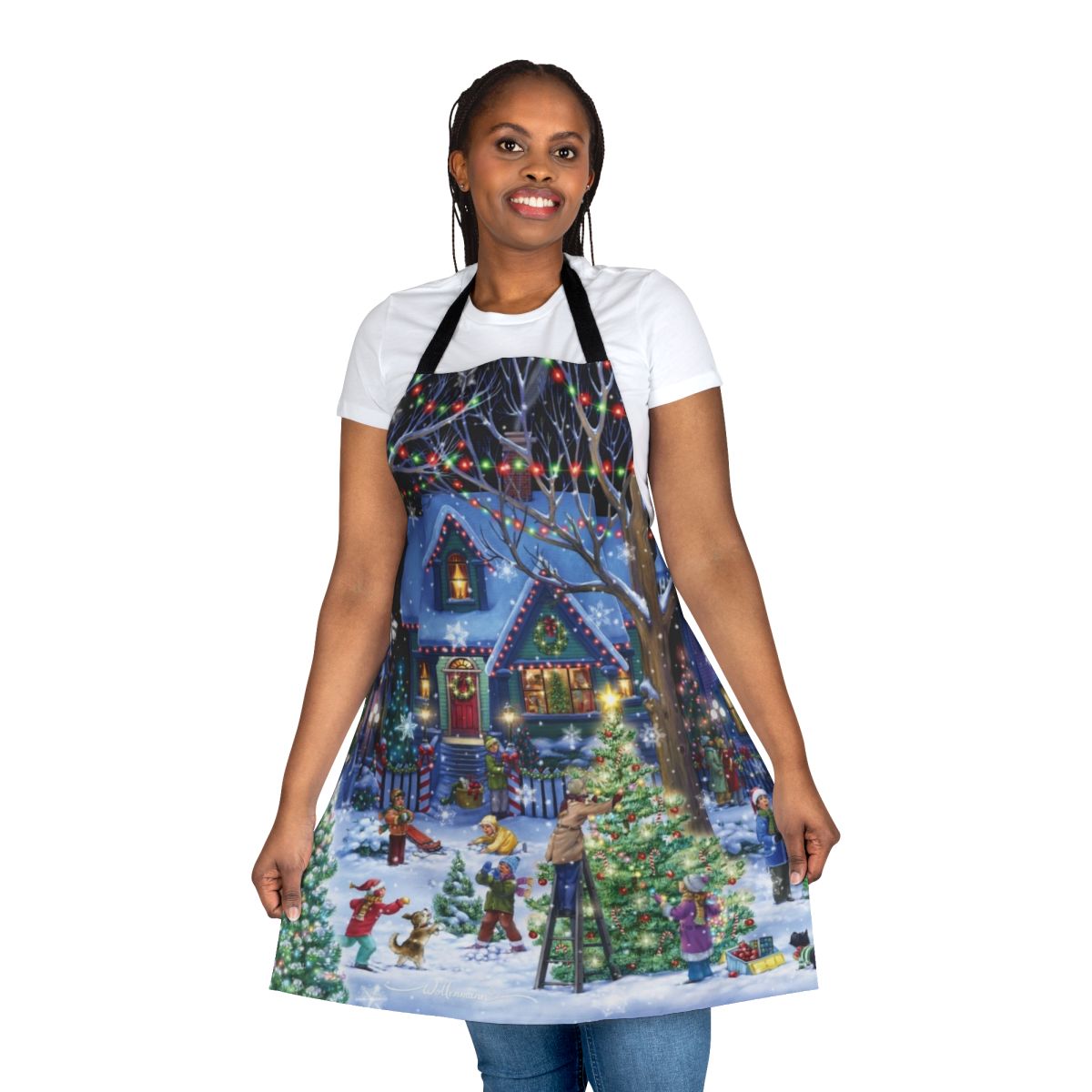 A cheerful apron featuring illustrations of Christmas trees, snowflakes, and holiday characters for a cozy, festive look.