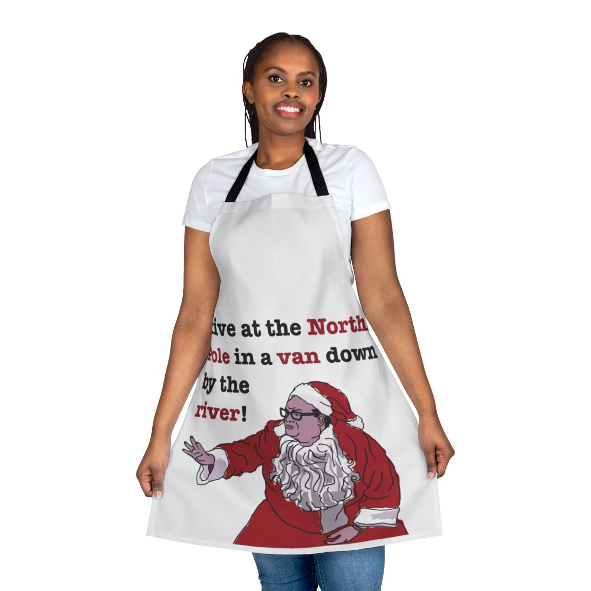 Matt Foley inspired Christmas apron featuring a comedic Van Down by the River design
