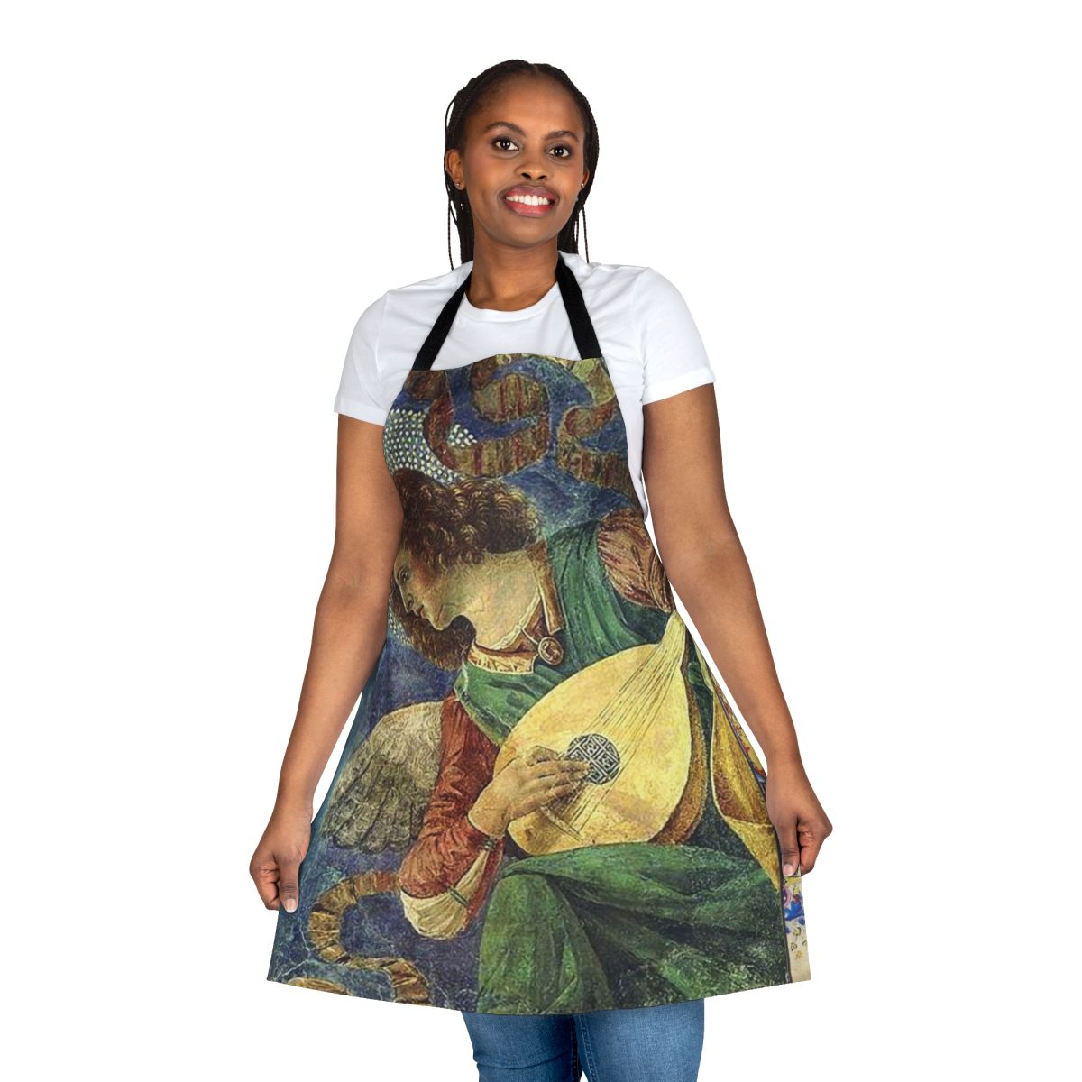A decorative apron featuring a musical angel playing a lute, surrounded by a floral design.