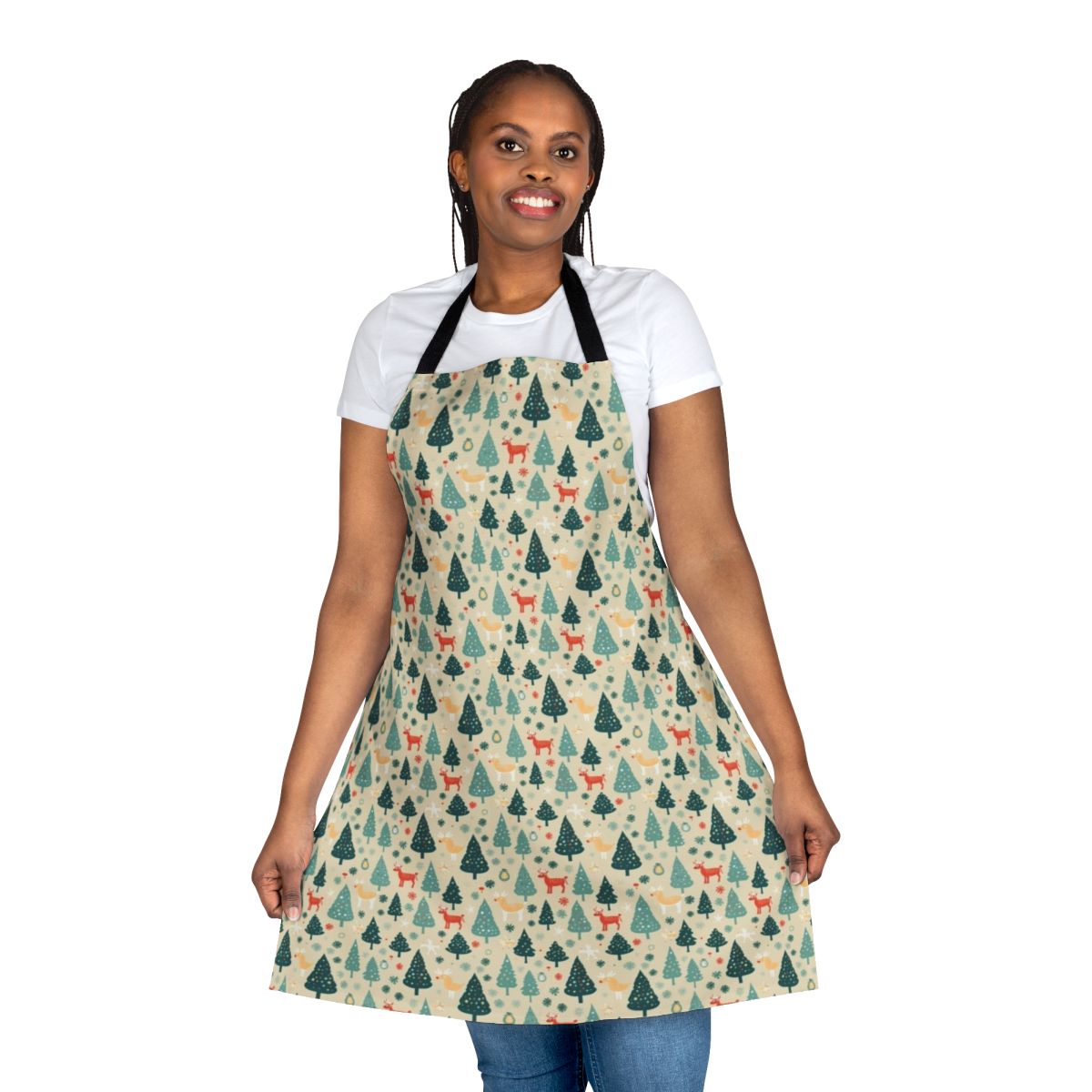 A festive seamless holiday apron with Christmas trees and reindeer designs.