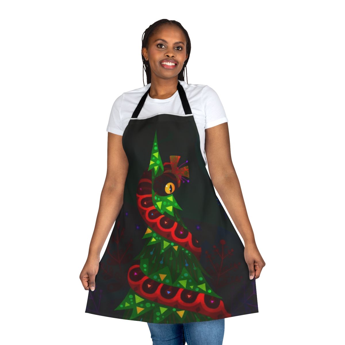 A colorful apron featuring a whimsical snake design, perfect for Christmas and winter celebrations.