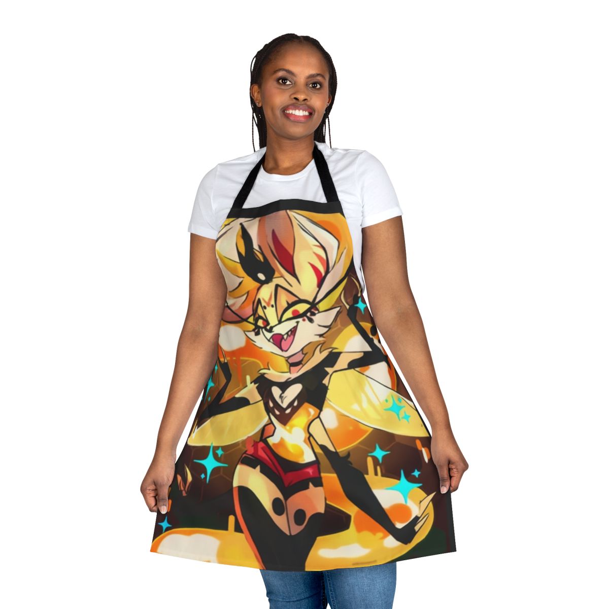 Fiery demon queen bee apron with a cartoon honeycomb and lava design